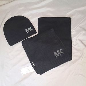 Trendy Black Bedazzled MK Scarf/Beanie Set